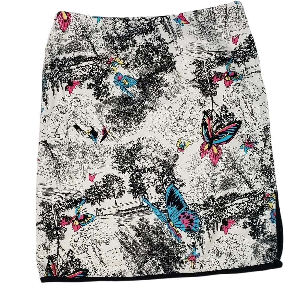 City Silk Stretch Pencil Mini Skirt Size 12 Colorful Butterfly Tree Print Cotton - Picture 2 of 11